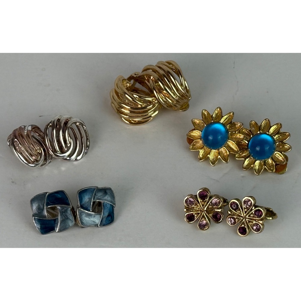 Vtg Clip On Earring Lot 5 Pairs Retro Gold Silver Tone Floral Rhinestone Enamel